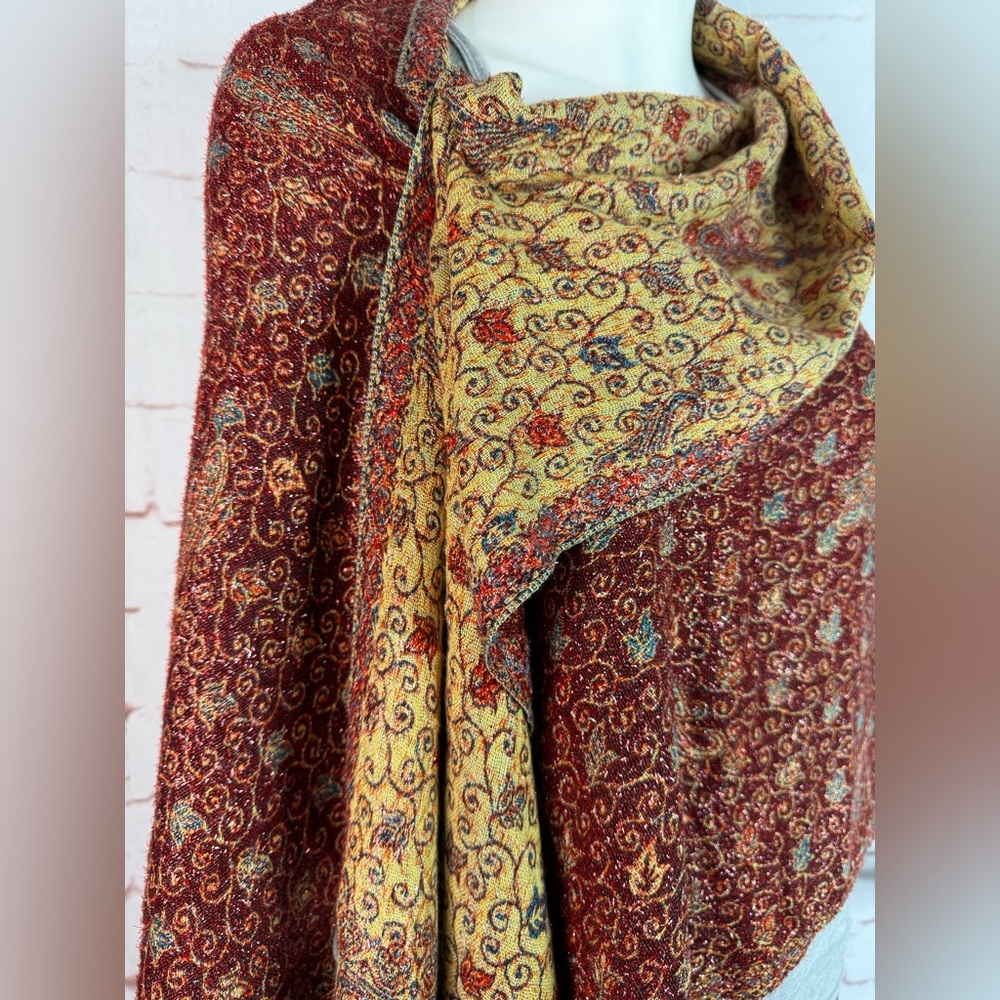 BINDYA 27” x 73” Metallic Thread Rust Gold Jaal Paisley 
Reversible Shawl Wrap - Picture 16 of 16